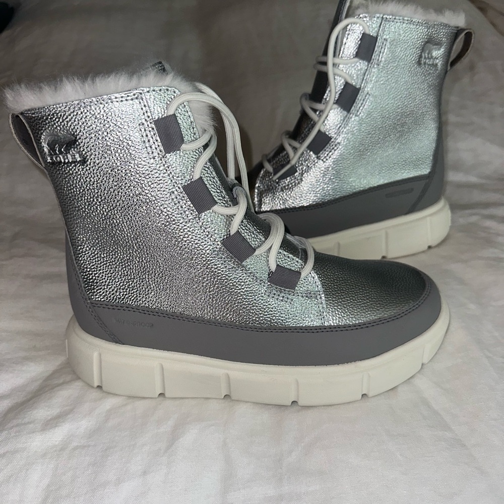 Sorel Silver Metallic Winter Lace-Up Boots